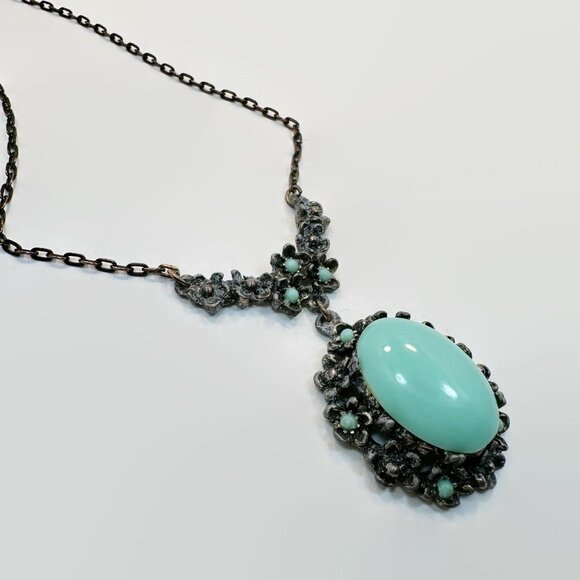 Art Deco Necklace, Robins Egg Blue, Pot Metal, Mixed Metal, Flowers, Box Clasp - Picture 7 of 8